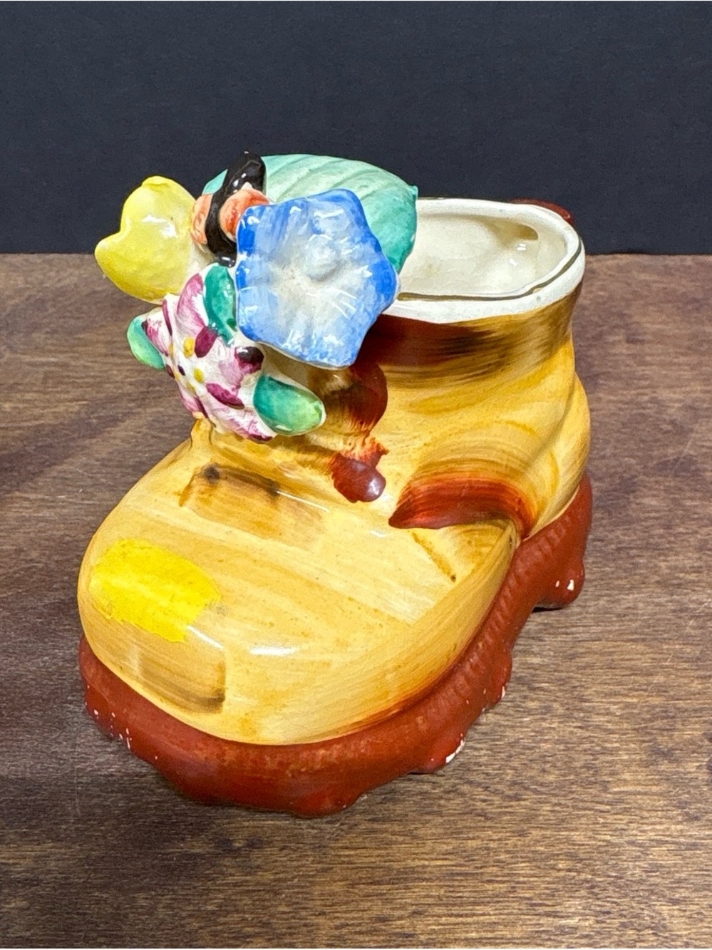 Vintage Ceramic Baby Boot Planter - Yellow with Multicolor Flower